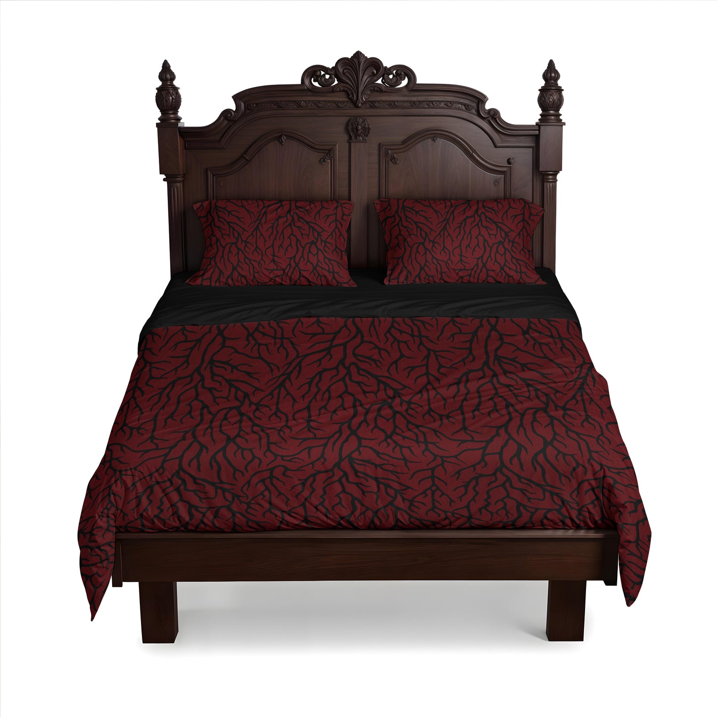 Blood Red Thorn gothic and spooky pattern bedding an a baroque double bed