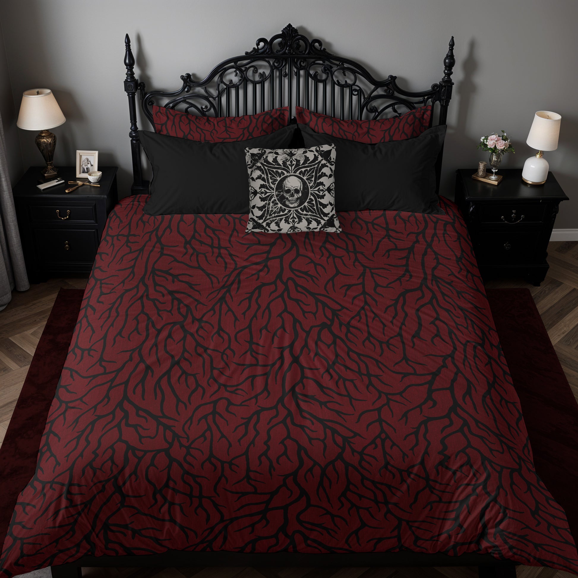 Blood Red Thorn gothic 3 piece bedding set on a baroque gothic double bed with a skull designed pillow 