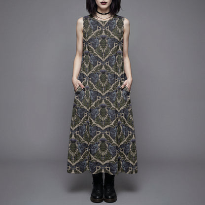 goth woman wearing a witchy raven thistle cotton dress with pockets against a gray background