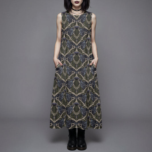 goth woman wearing a witchy raven thistle cotton dress with pockets against a gray background