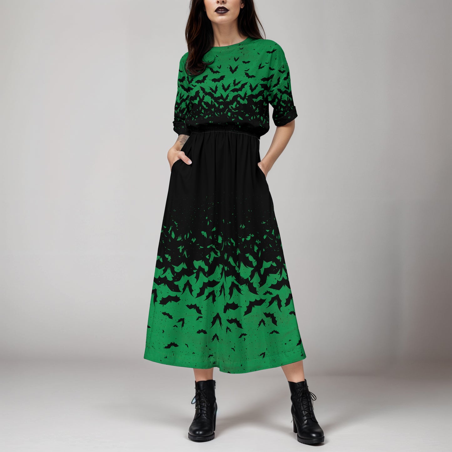 Spooky Green Bat Blouson Dress w/ Pockets