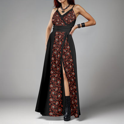 Spooky victorian damask evening gown with red flowers and cute skulls on a gothic woman in black boots