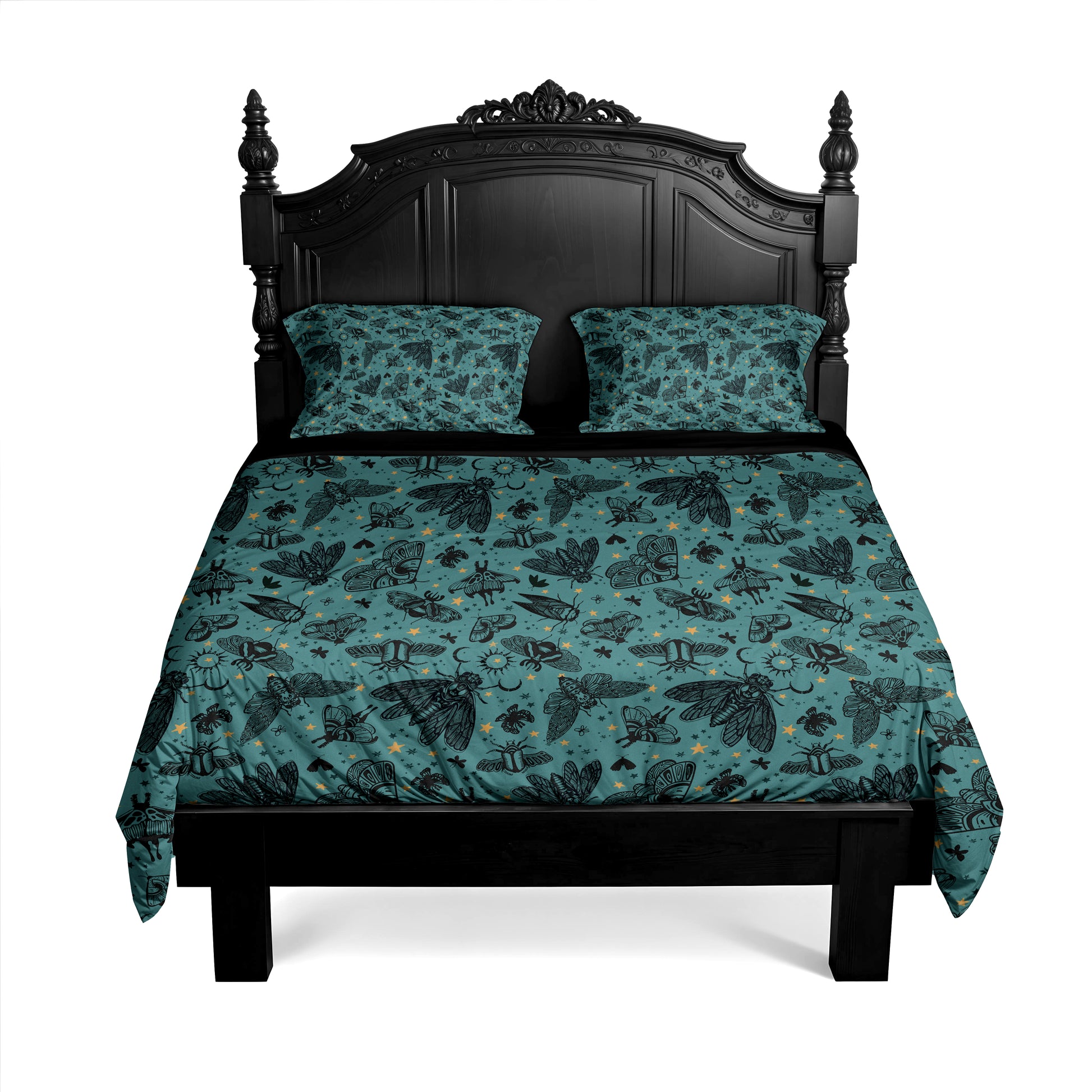 Teal cicada moth and scarab duvet cover with whimsigoth vibes on a baroque bedframe