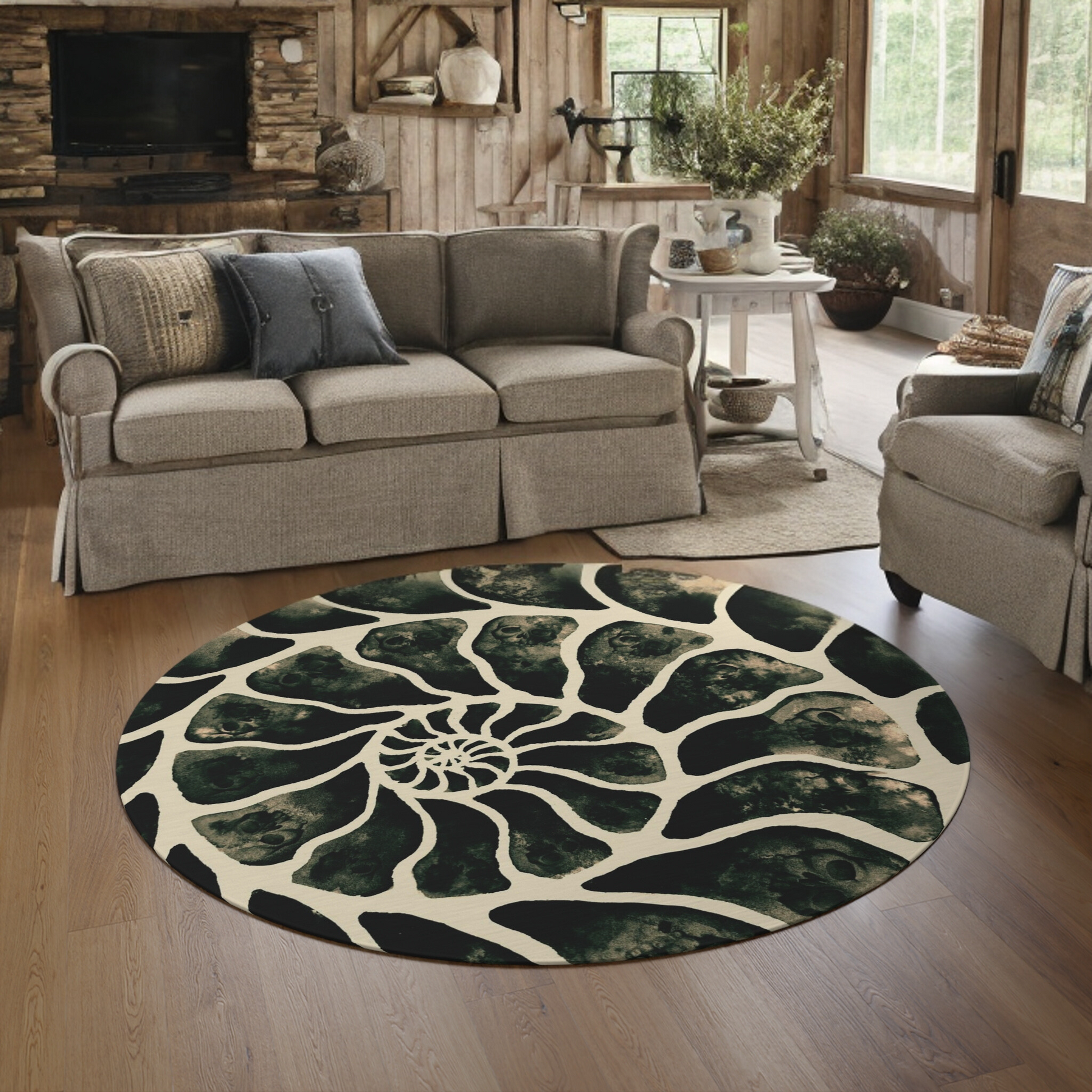 Macabre Ammonite Skull Round Rug - Red Finch Creations