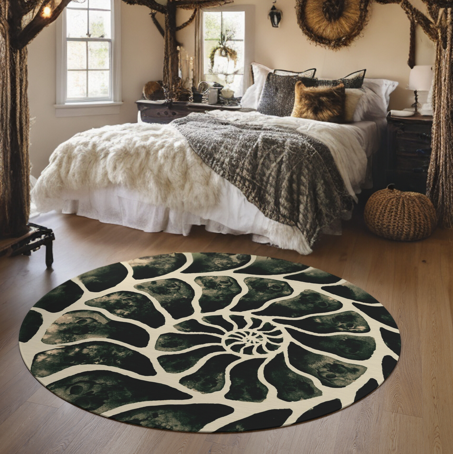 Macabre Ammonite Skull Round Rug - Red Finch Creations