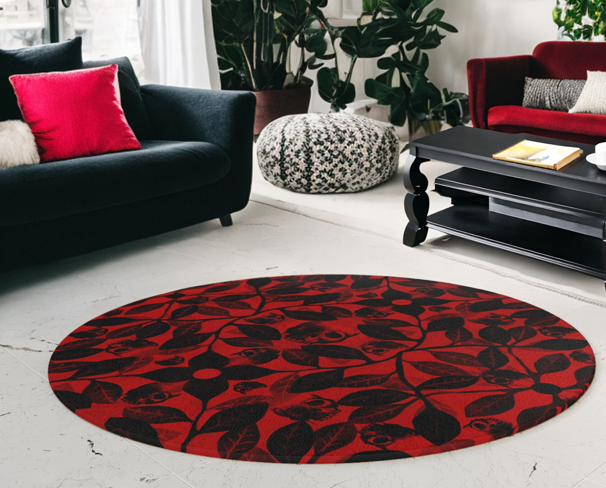 Watercolor Botanical Skull Round Rug - Red - Red Finch Creations