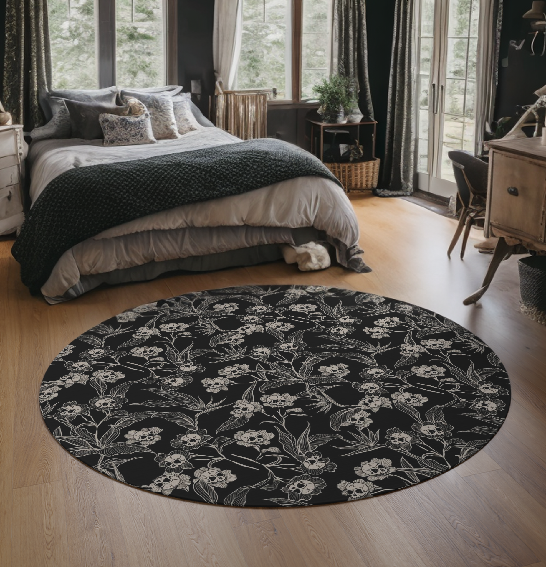 Gothic Floral Skull Flower Round Rug - Red Finch Creations