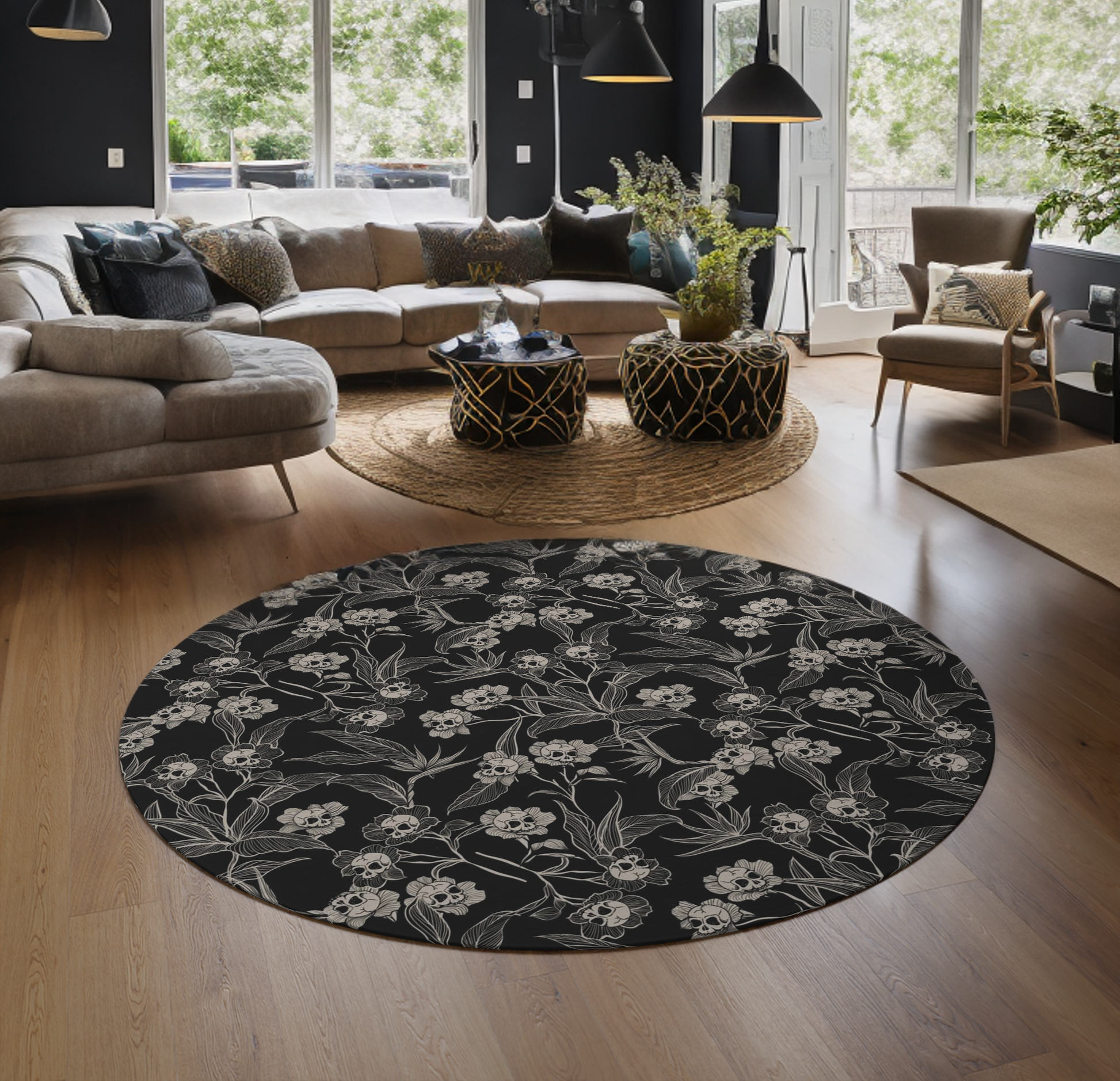 Gothic Floral Skull Flower Round Rug - Red Finch Creations