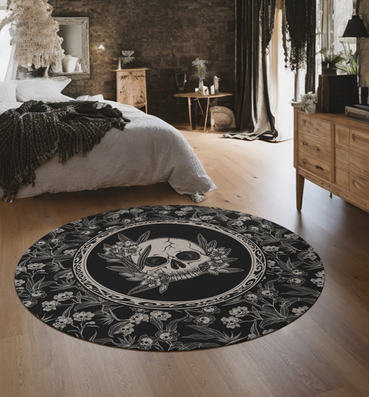 Gothic Floral Skull Flower Round Rug - Red Finch Creations