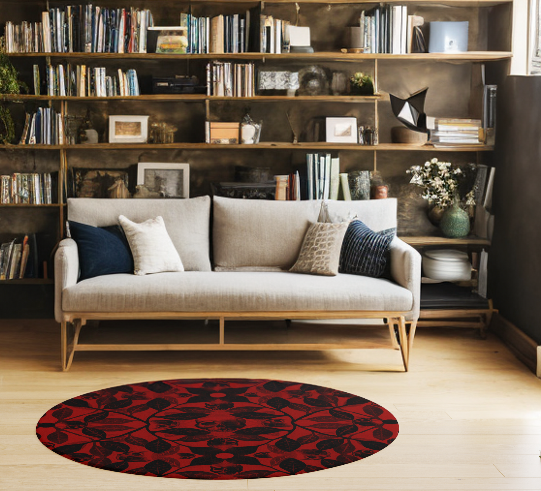 Watercolor Botanical Skull Round Rug - Red - Red Finch Creations