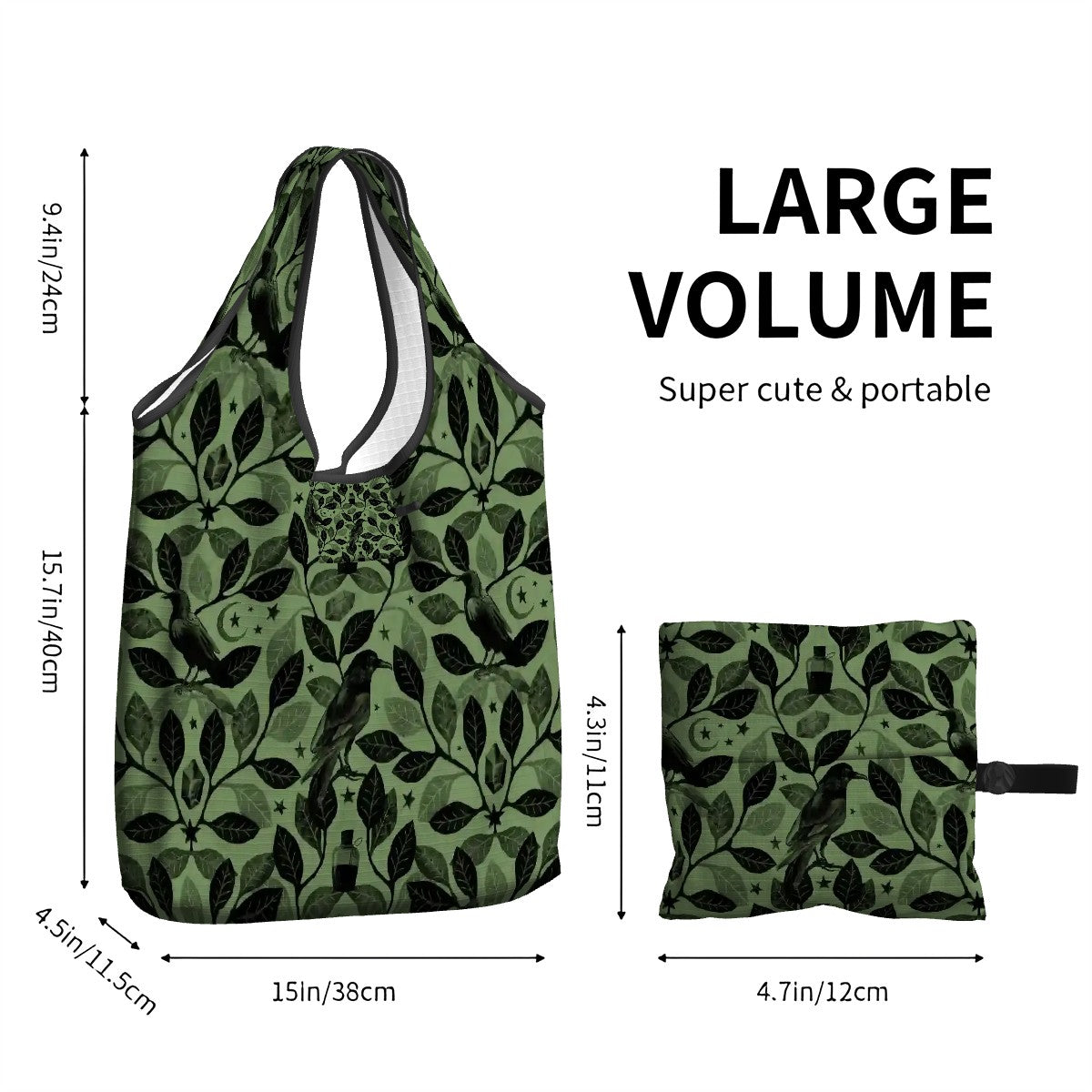 Green leaf-patterned reusable bag with measurements on a white background
