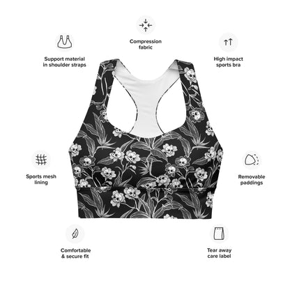 Gothic Floral Full-coverage Bikini Top/Sports Bra - Black + White - Red Finch Creations