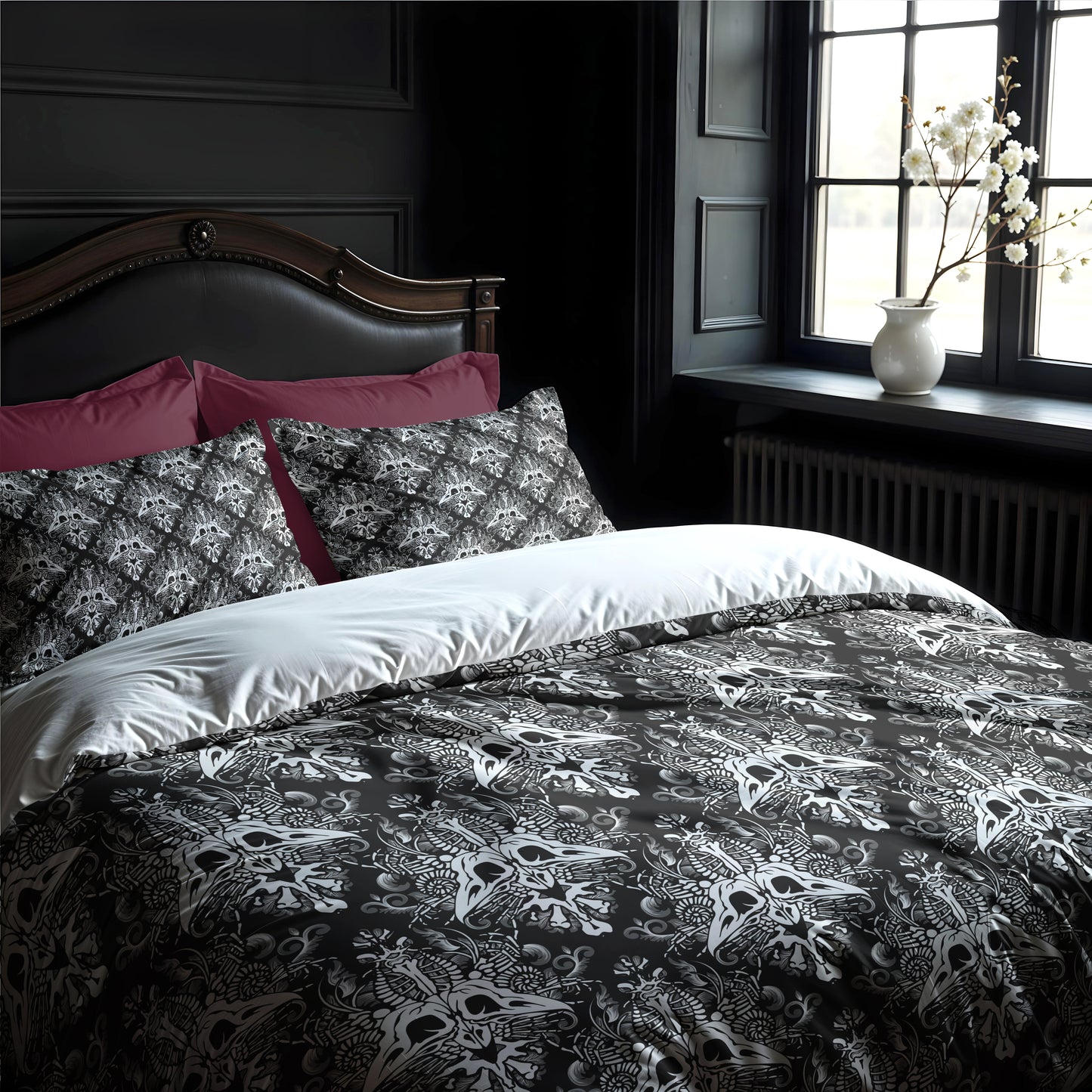 Dark Damask Bones Duvet Cover - Black + White