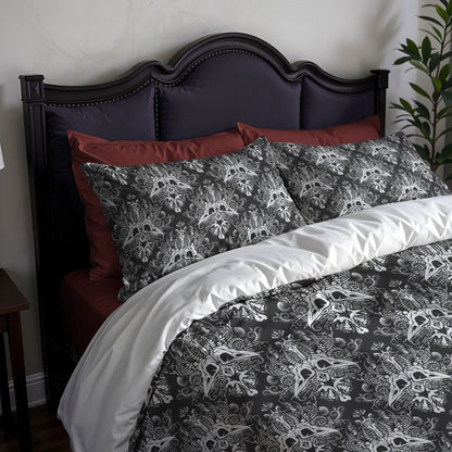Bed with skull patterned bedding and red pillows against a neutral wall.