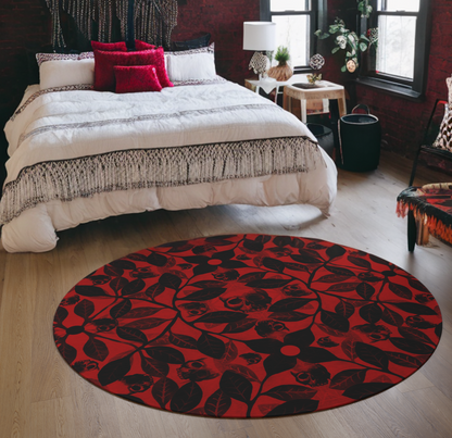 Watercolor Botanical Skull Round Rug - Red - Red Finch Creations