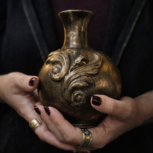 Person holding a decorative gothic bronze vase with intricate baroque raven skull design.
