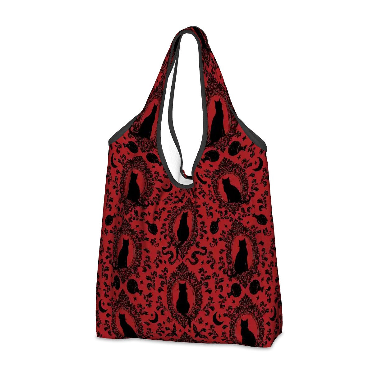Red reusable shopping tote bag with black baroque gothic cat pattern on a white background