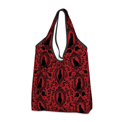 Red reusable shopping tote bag with black baroque gothic cat pattern on a white background