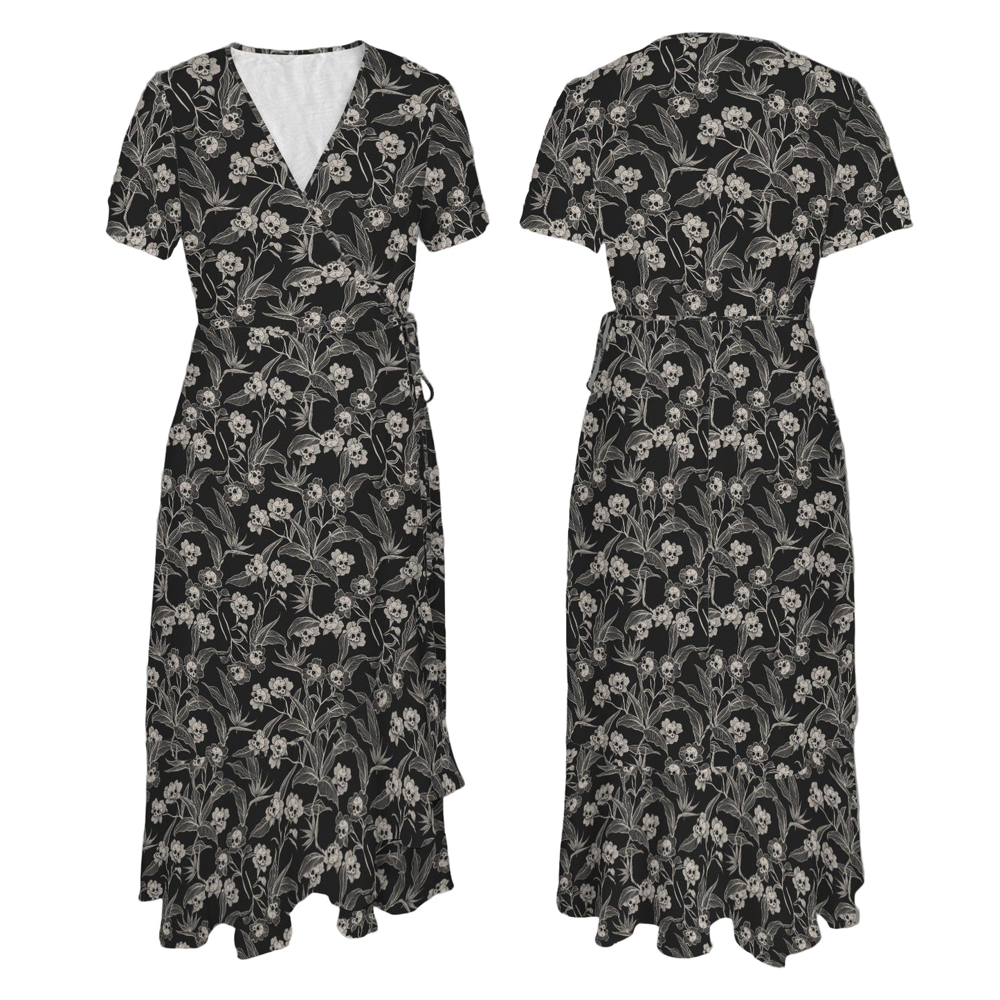 Black gothic floral dress shown from front and side on a white background