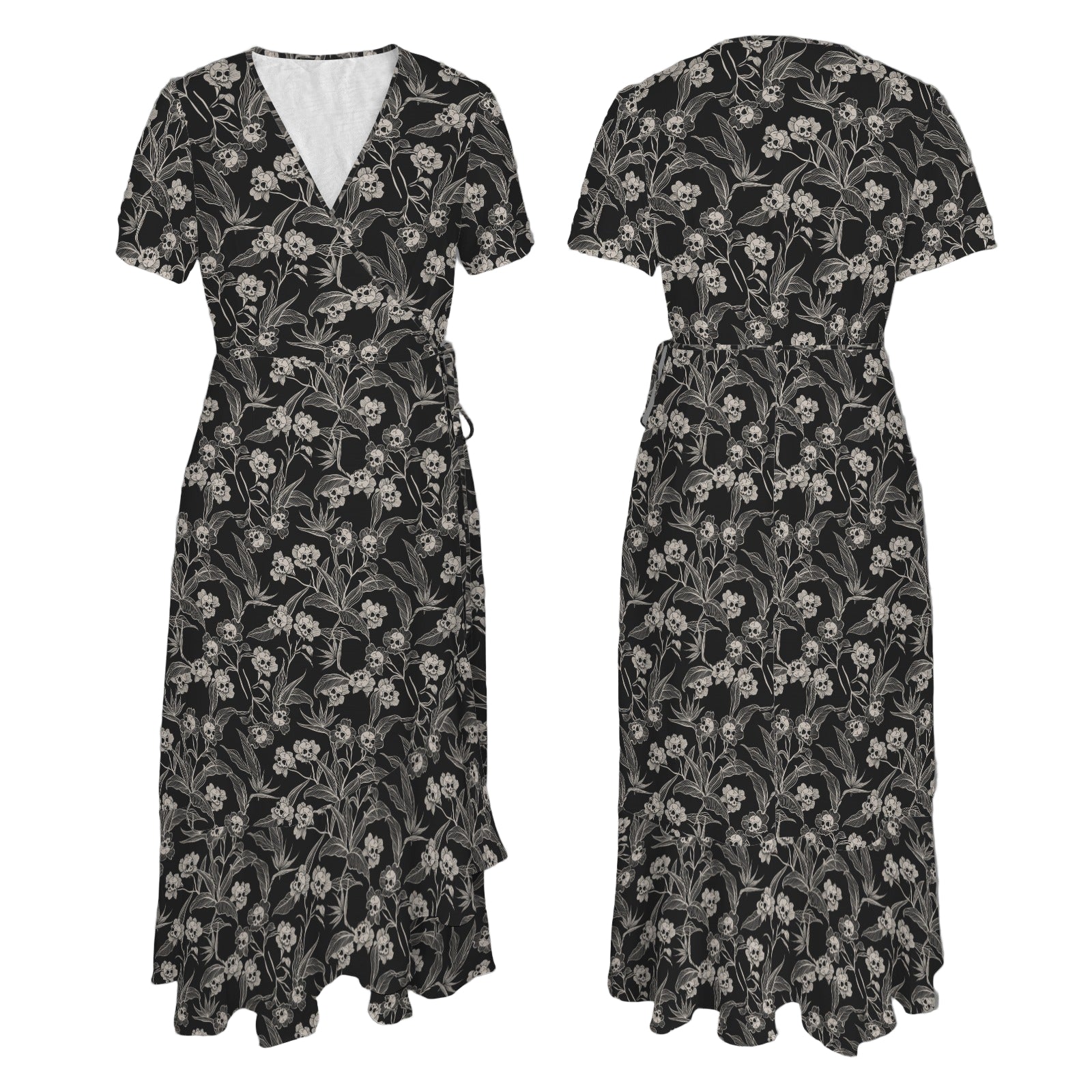 Black gothic floral dress shown from front and side on a white background