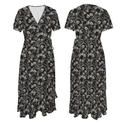 Black gothic floral dress shown from front and side on a white background