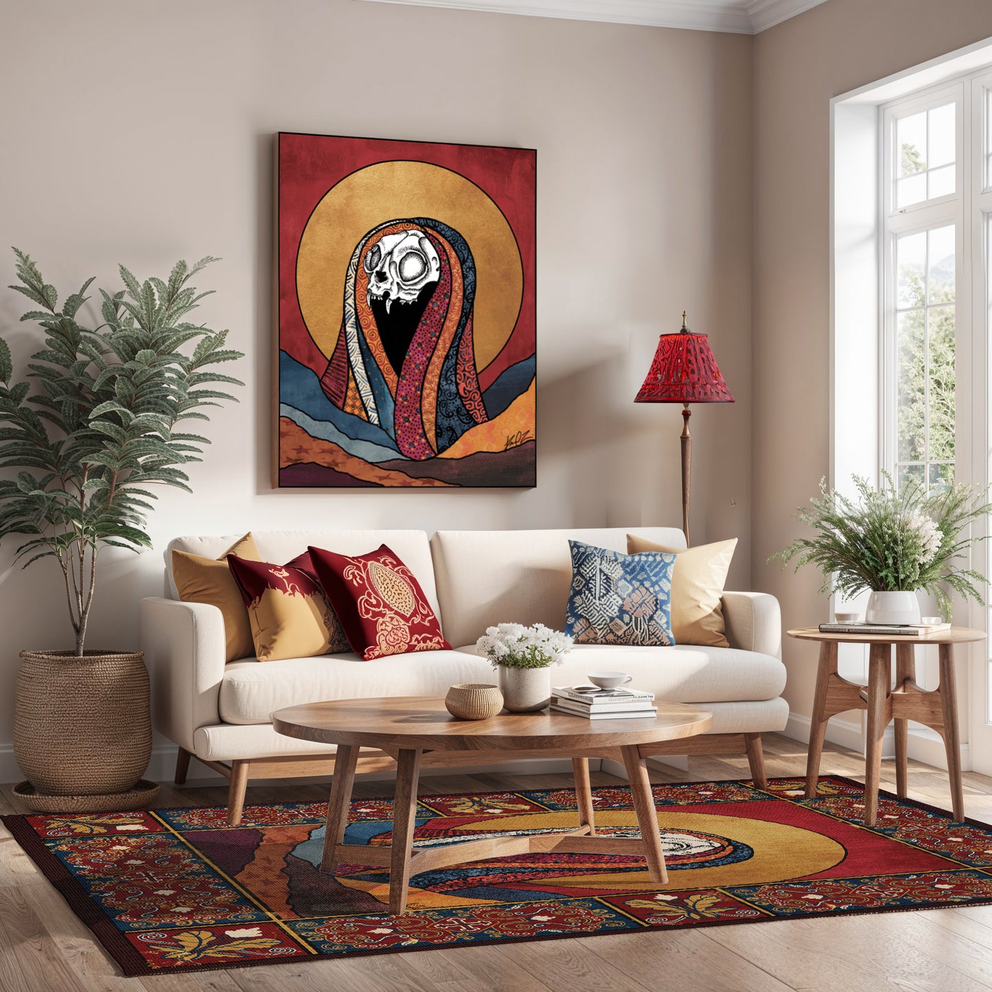 Baroque Cat Skull Art print and Area Rug inside living room