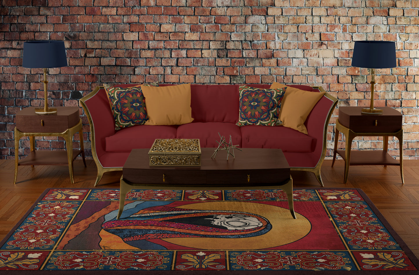 Red and Gold Baroque Cat Skull Area Rug inside living room under couch 