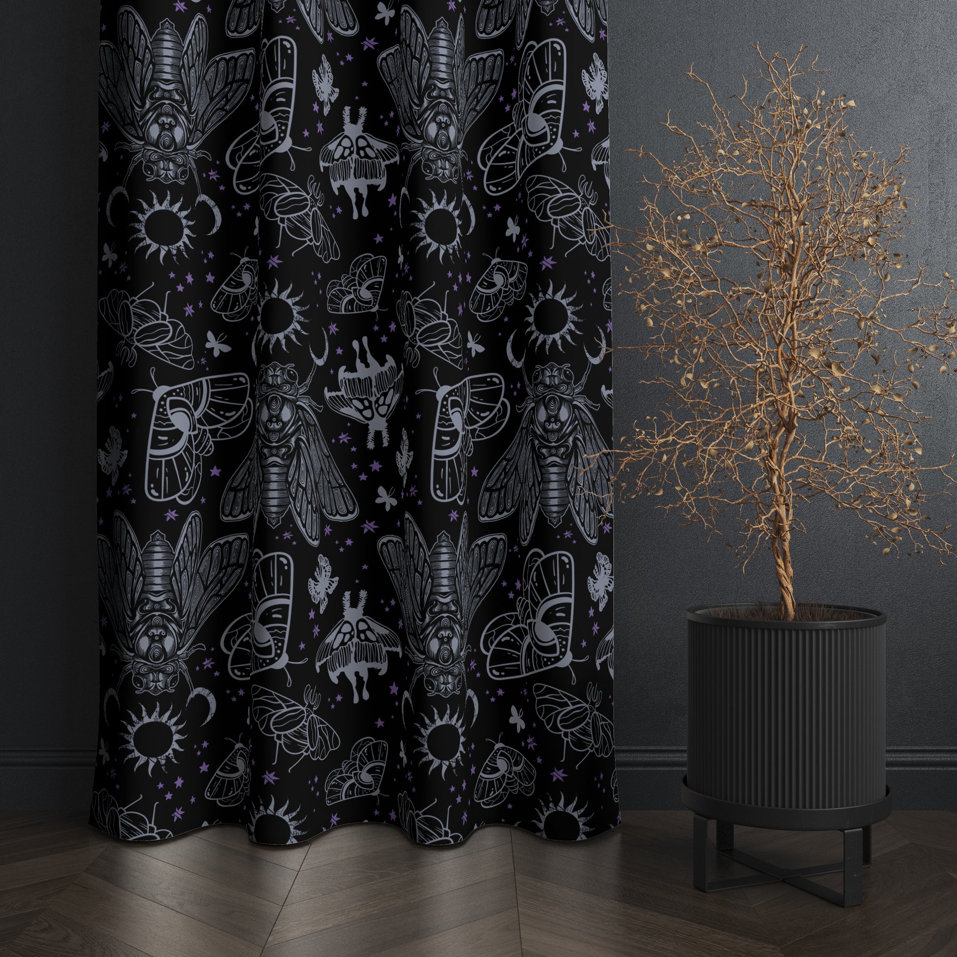 Esoteric Cicada Window Curtain (One Piece) - Blue & Black - Red Finch Creations