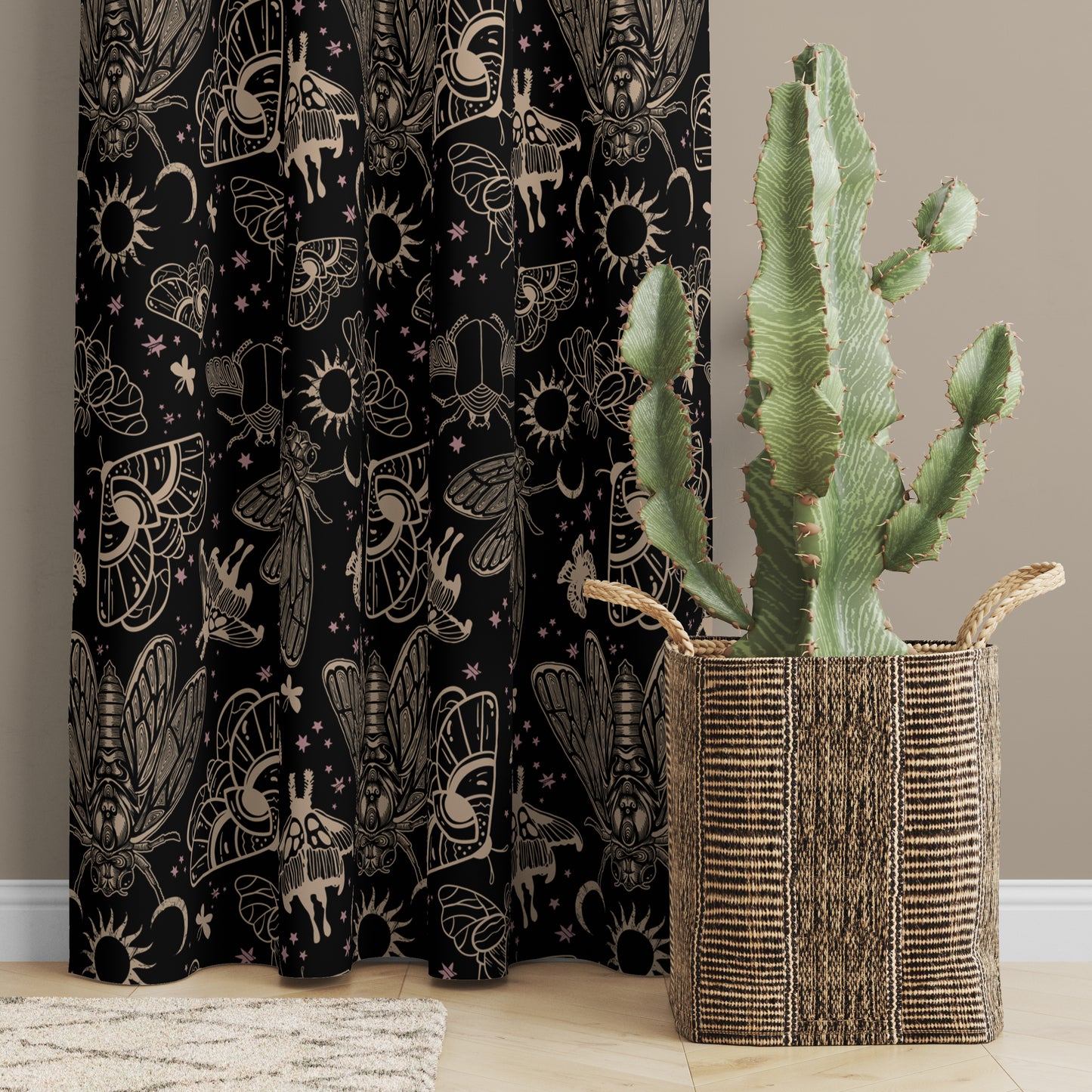 Witchy Cicada Window Curtain (1 Piece) - Black & Gold - Red Finch Creations