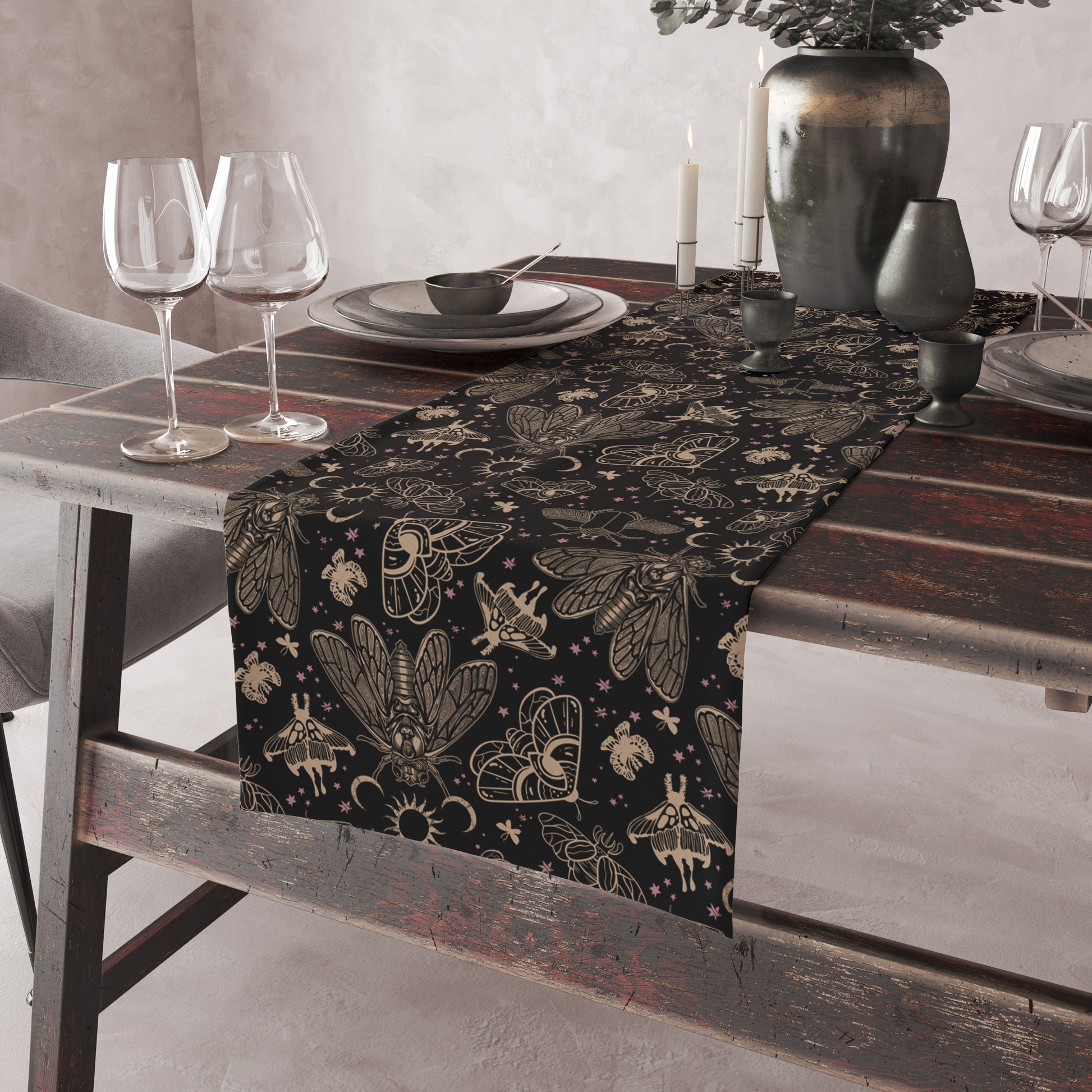 Witchy Cicada Table Runner - Black & Beige - Red Finch Creations