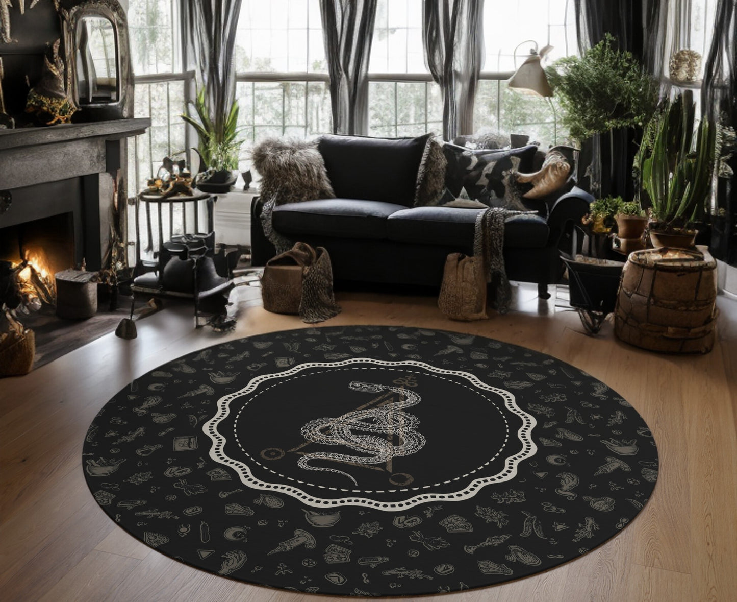 Occult Snake Skeleton Round Rug - Red Finch Creations