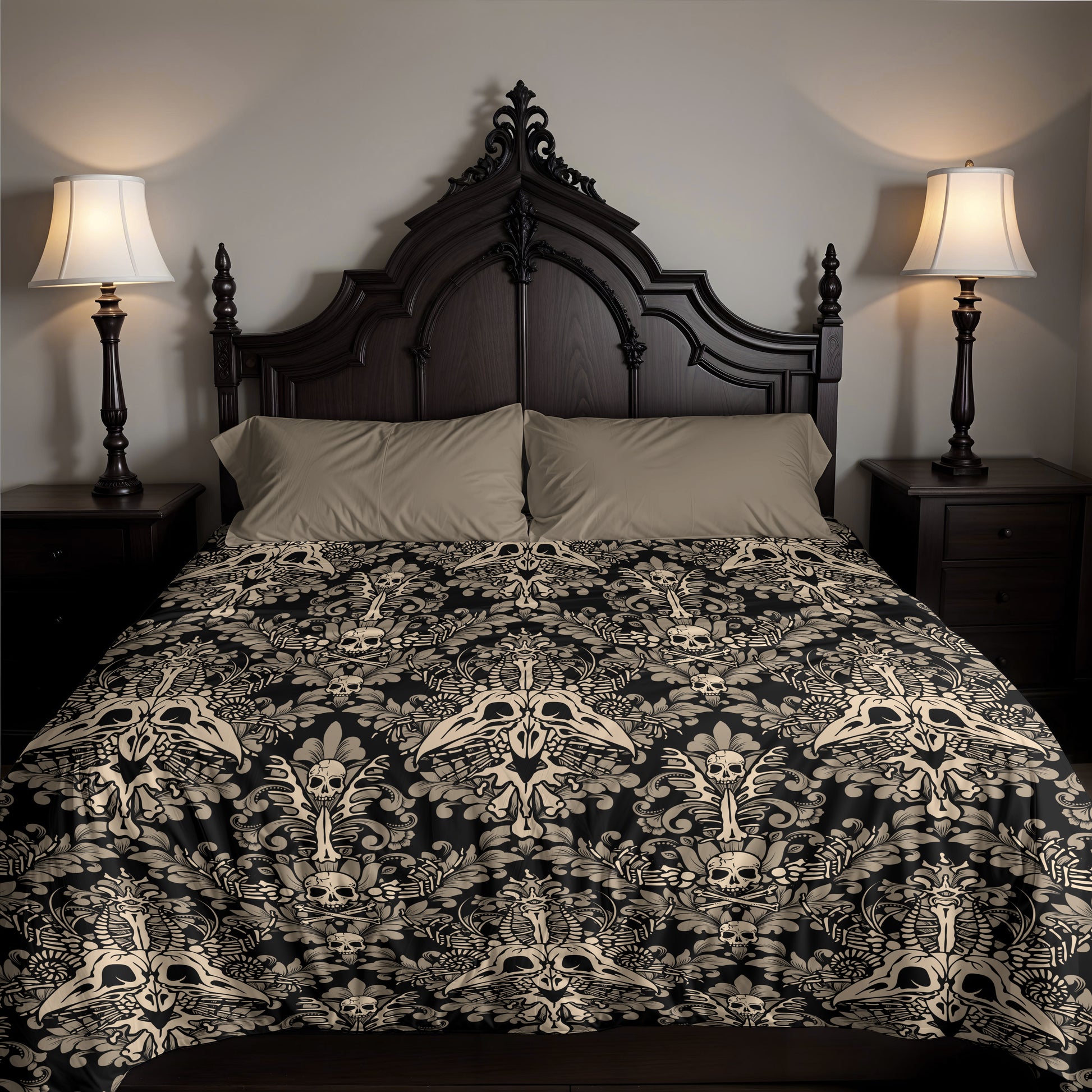 Gothic Victorian Damask Bones Duvet Cover - Beige + Black - Red Finch Creations