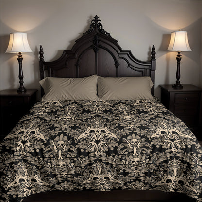 Gothic Victorian Damask Bones Duvet Cover - Beige + Black - Red Finch Creations