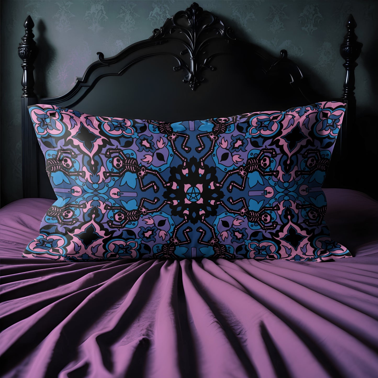 Dancing Skeleton Microfiber Pillow Sham - Pink & Black - Red Finch Creations