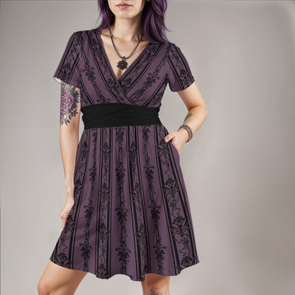 Baroque Dancing Skeleton V-Neck Dress w/ Pockets