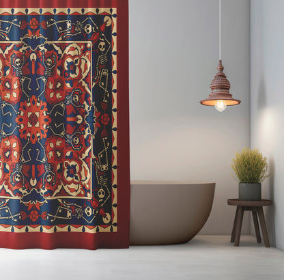 Dancing Skeleton Shower Curtain - Rust Red & Midnight Blue - Red Finch Creations