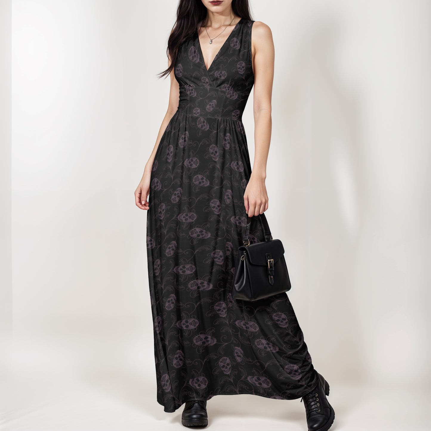 dark academia skull sleeveless maxi dress with moody witch vibes on a gothic woman wearing black combat boots