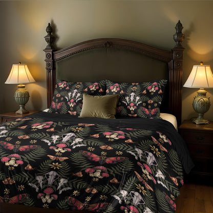 Bed with witchy floral mushroom bedding and wooden headboard in a dimly lit victorian room.