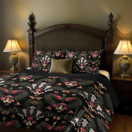 Bed with witchy floral mushroom bedding and wooden headboard in a dimly lit victorian room.