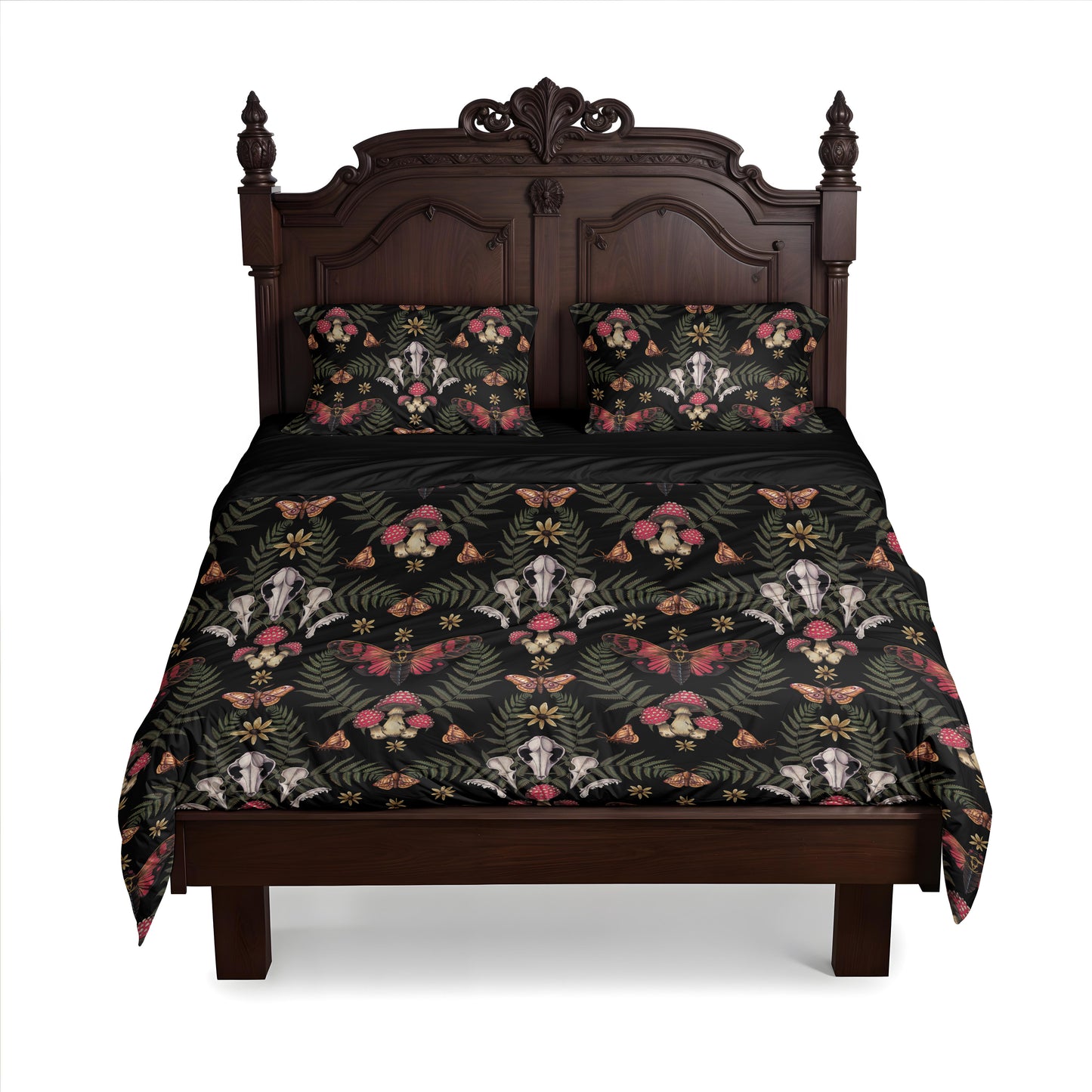 Bed with floral, cicada, skull, and mushroom patterned bedding on a baroque bedframe