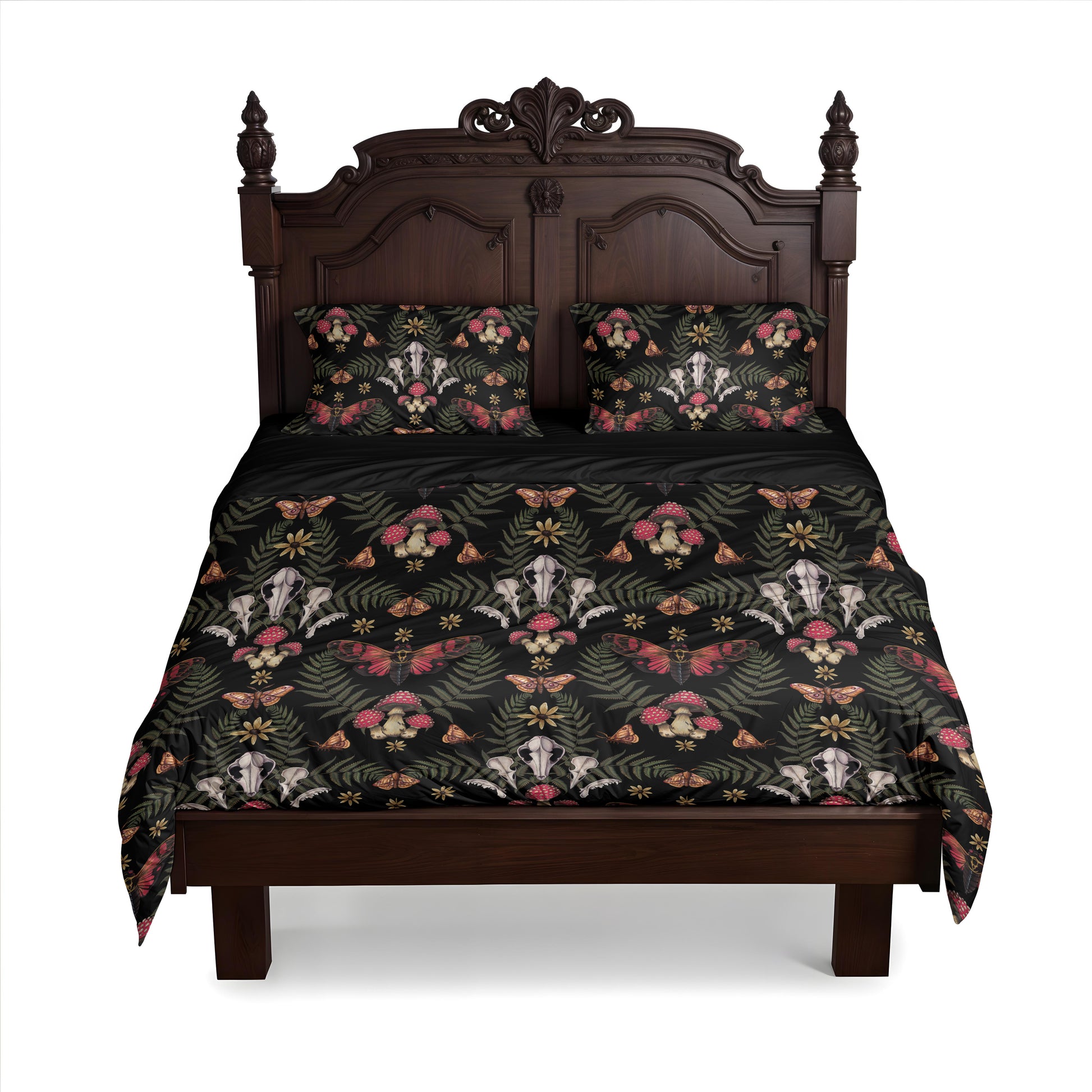 Bed with floral, cicada, skull, and mushroom patterned bedding on a baroque bedframe