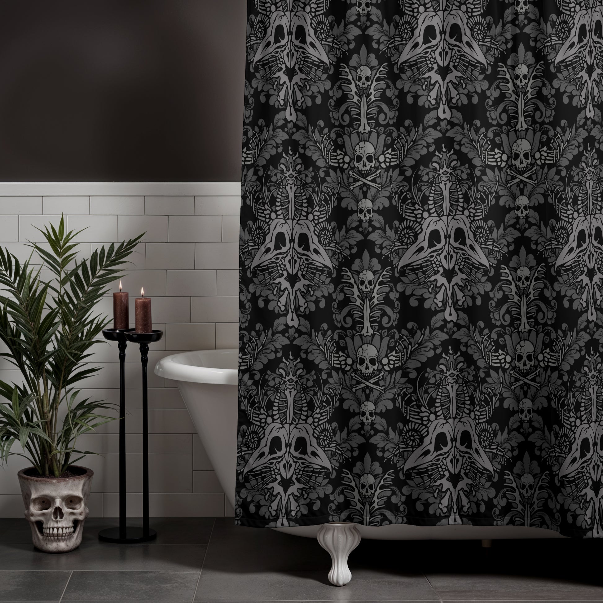 Dark Damask Bones Shower Curtain - Black - Red Finch Creations