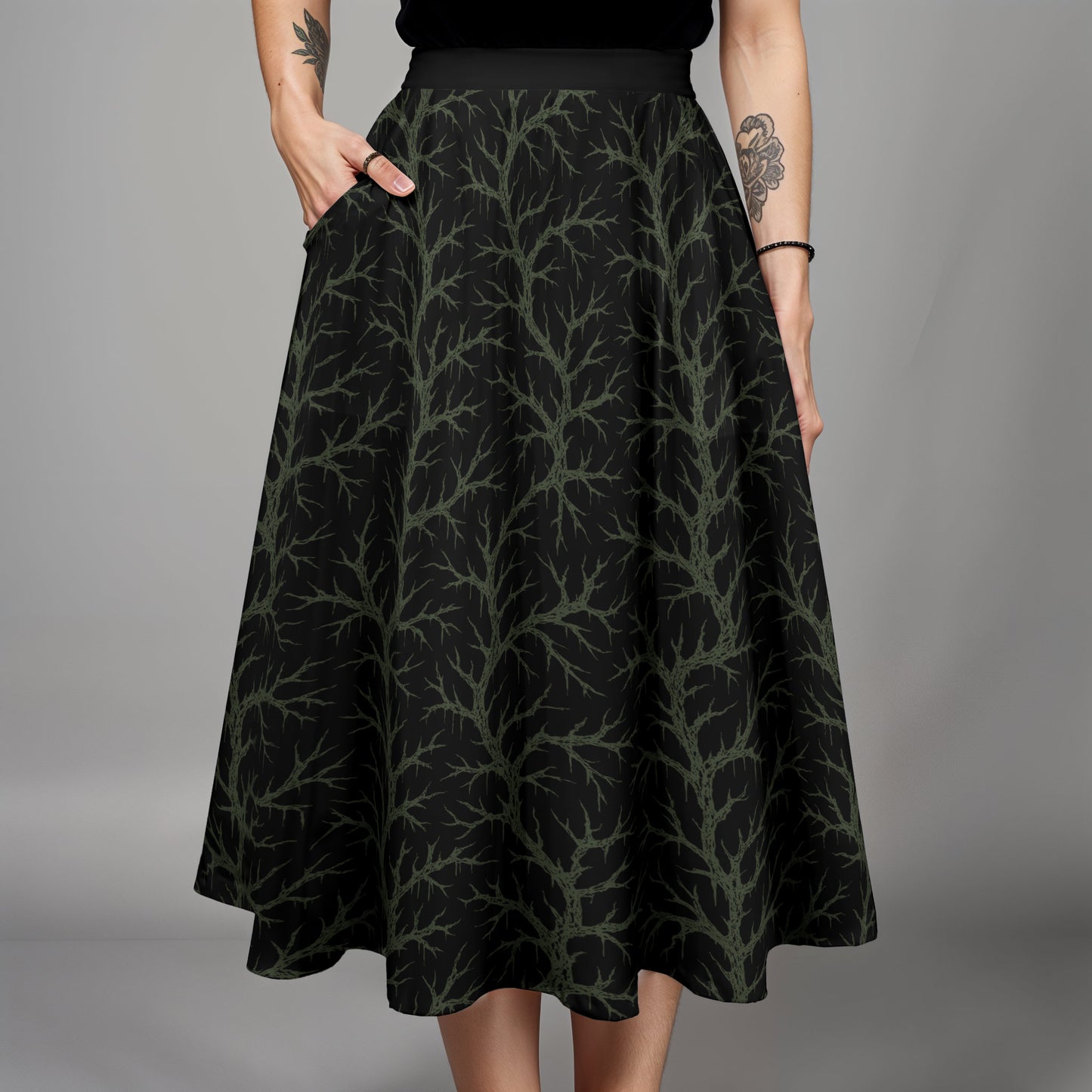 Roots & Thorns Midi Skirt w/ Pockets - Black + Green