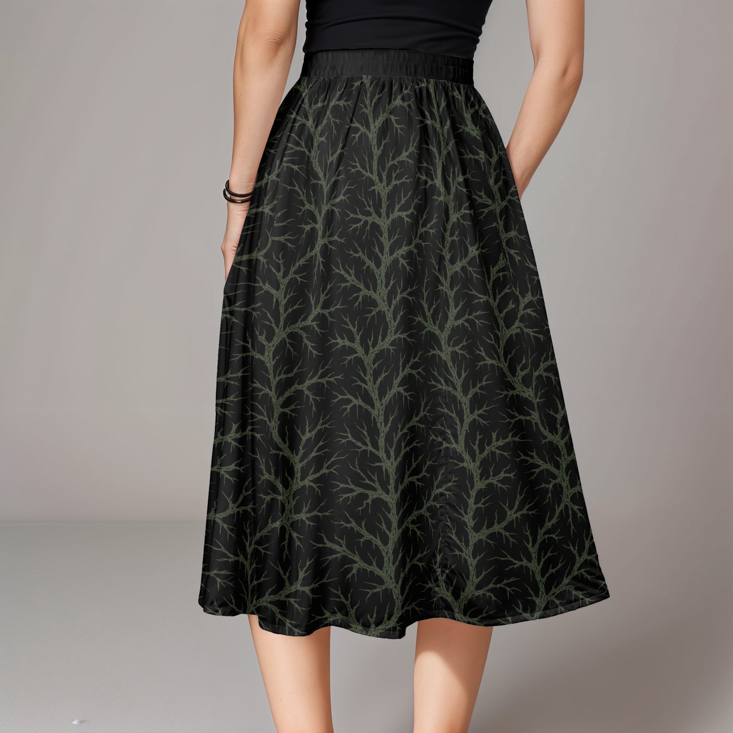Roots & Thorns Midi Skirt w/ Pockets - Black + Green