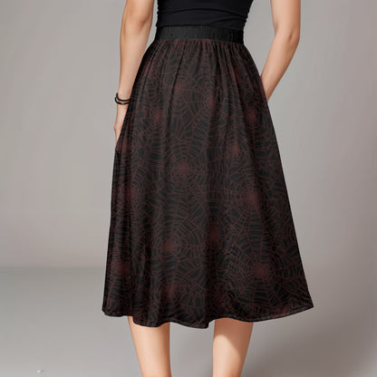 dark gothic spider web skirt with pockets in deep maroon red and black on a gothic woman from the back