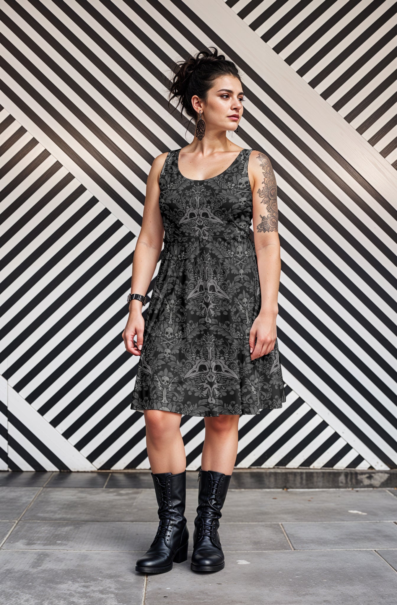 Damask Bones Stretchy Skater Dress w/ Pockets