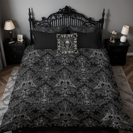 Dark Damask Bones Gothic Victorian Duvet Cover - Black - Red Finch Creations