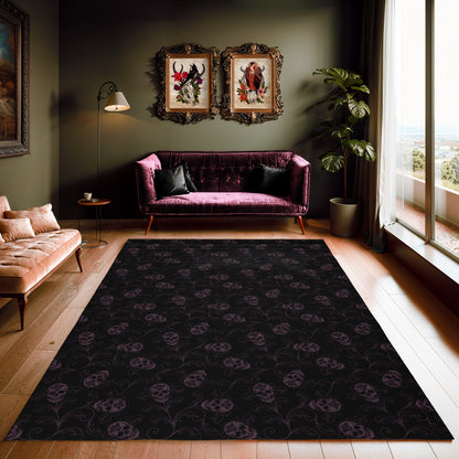 Dark Filigree Skull Indoor/Outdoor Rug - Black & Eggplant - Red Finch Creations