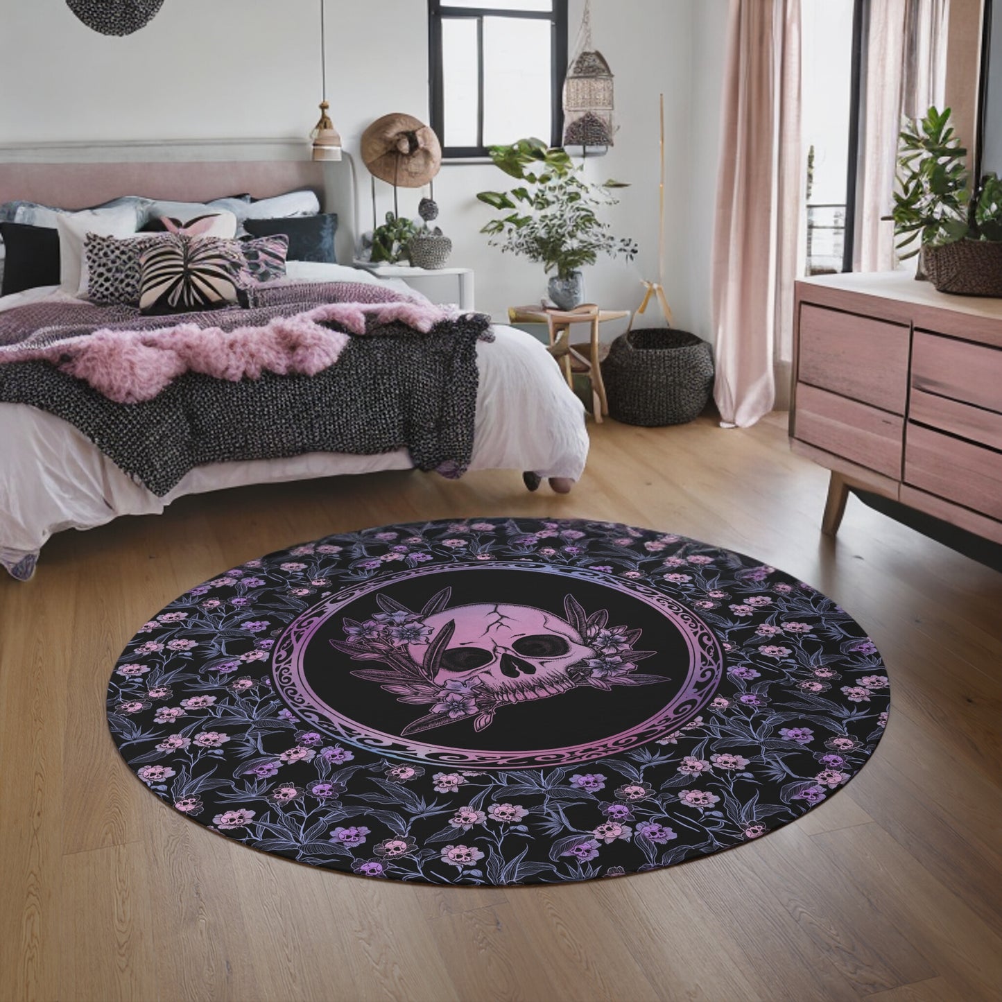 Pastel Goth Floral Round Rug - Pink & Black - Red Finch Creations