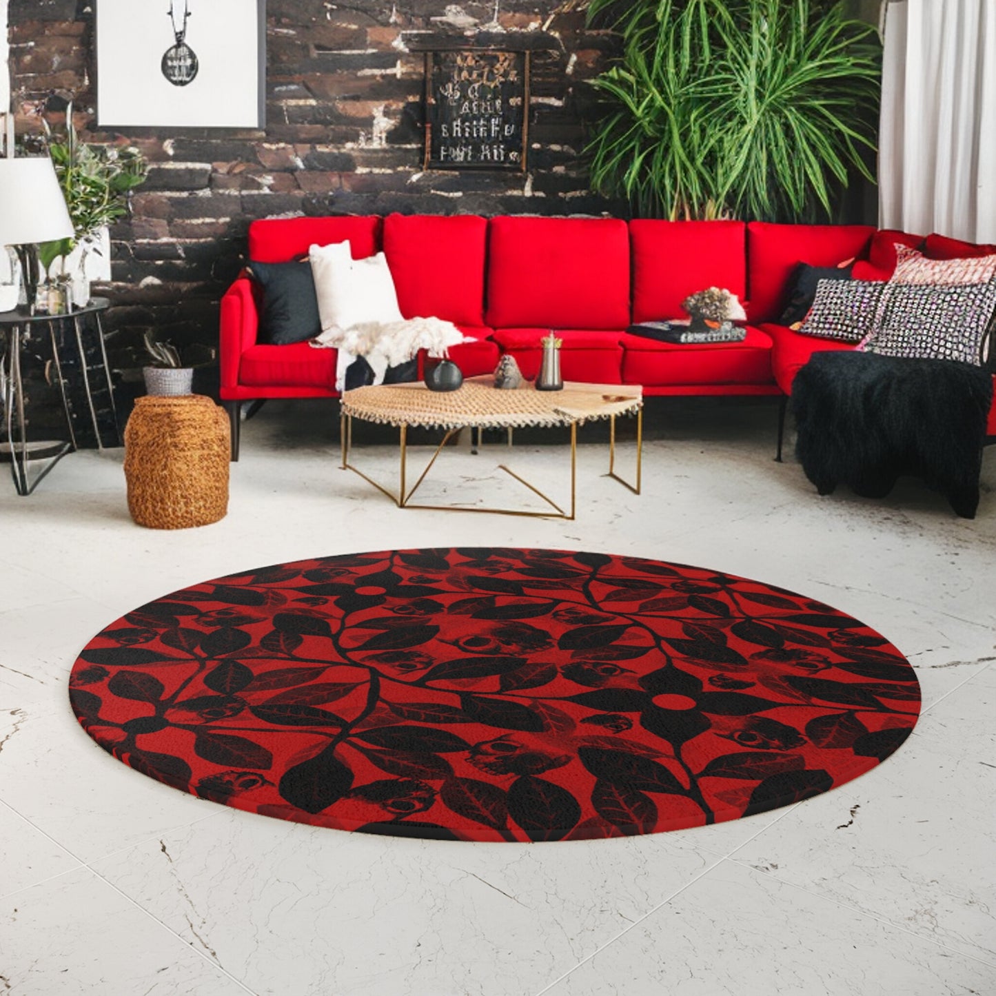 Watercolor Botanical Skull Round Rug - Red - Red Finch Creations